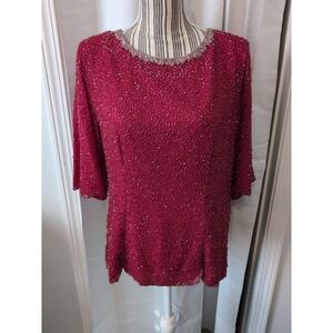 Vintage Inspired 100% Red Silk And Beaded Blouse Size Medium